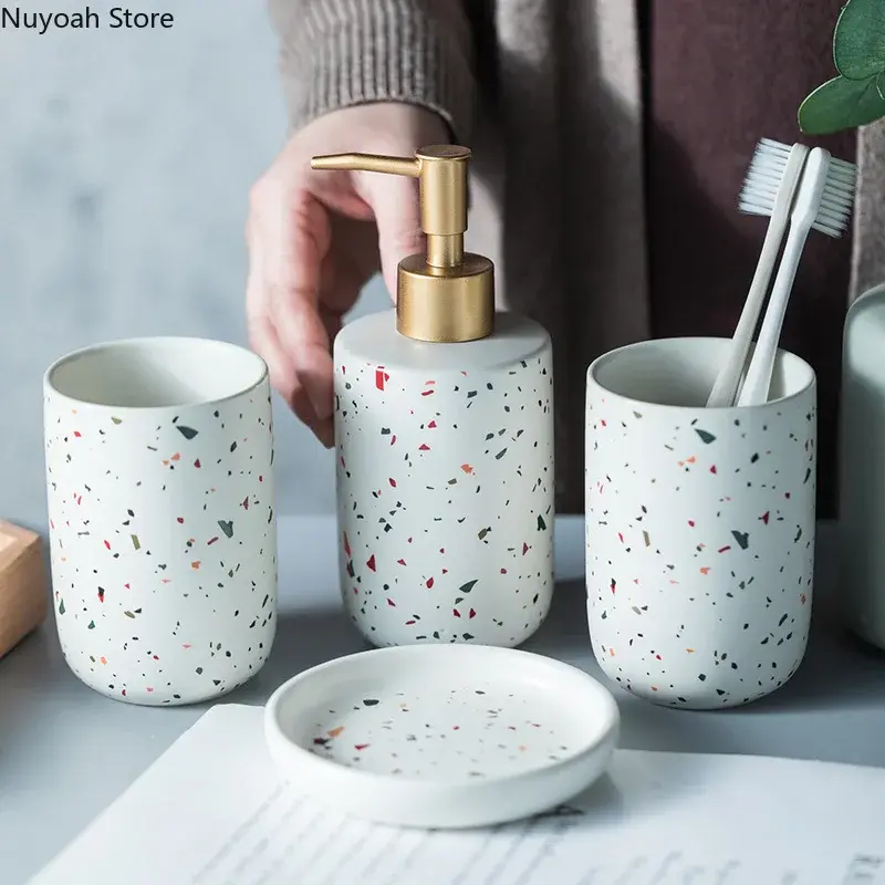European Bathroom Decoration Set, Terrazzo Ceramic, Emulsion Bottle, Gargle Cup, Soap Dish, Art Supplies