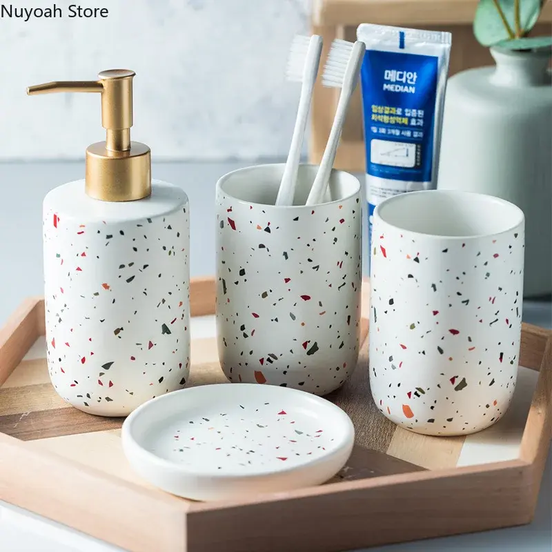 European Bathroom Decoration Set, Terrazzo Ceramic, Emulsion Bottle, Gargle Cup, Soap Dish, Art Supplies