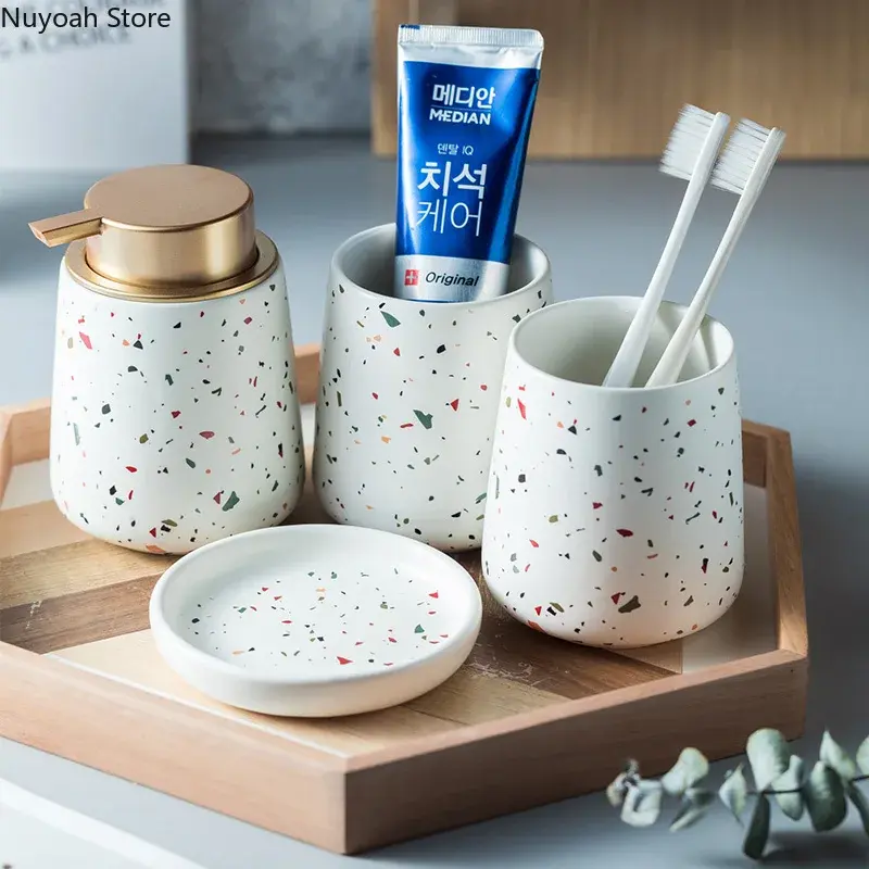 European Bathroom Decoration Set, Terrazzo Ceramic, Emulsion Bottle, Gargle Cup, Soap Dish, Art Supplies