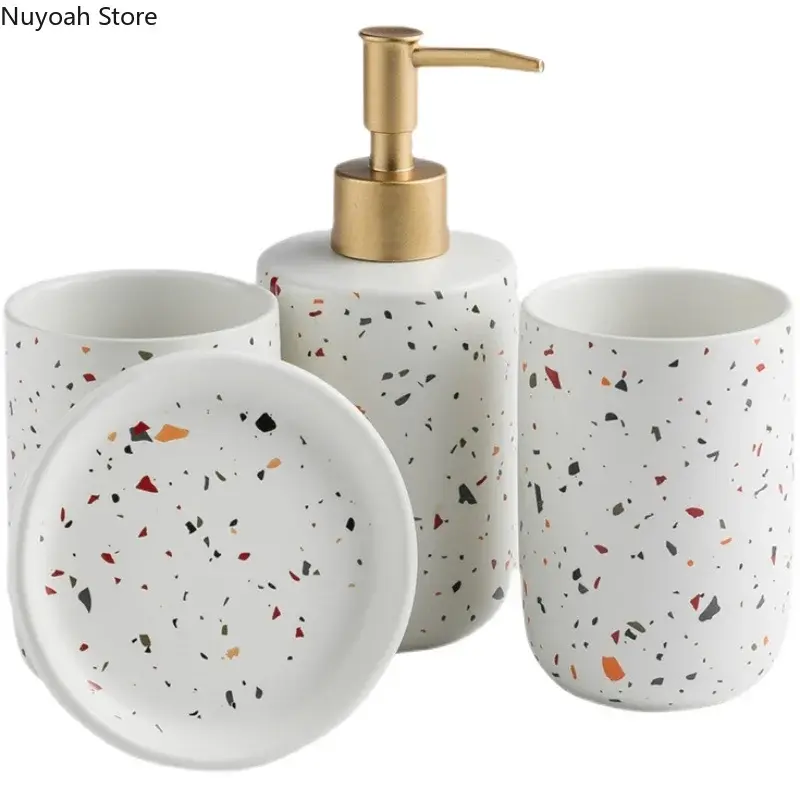 European Bathroom Decoration Set, Terrazzo Ceramic, Emulsion Bottle, Gargle Cup, Soap Dish, Art Supplies