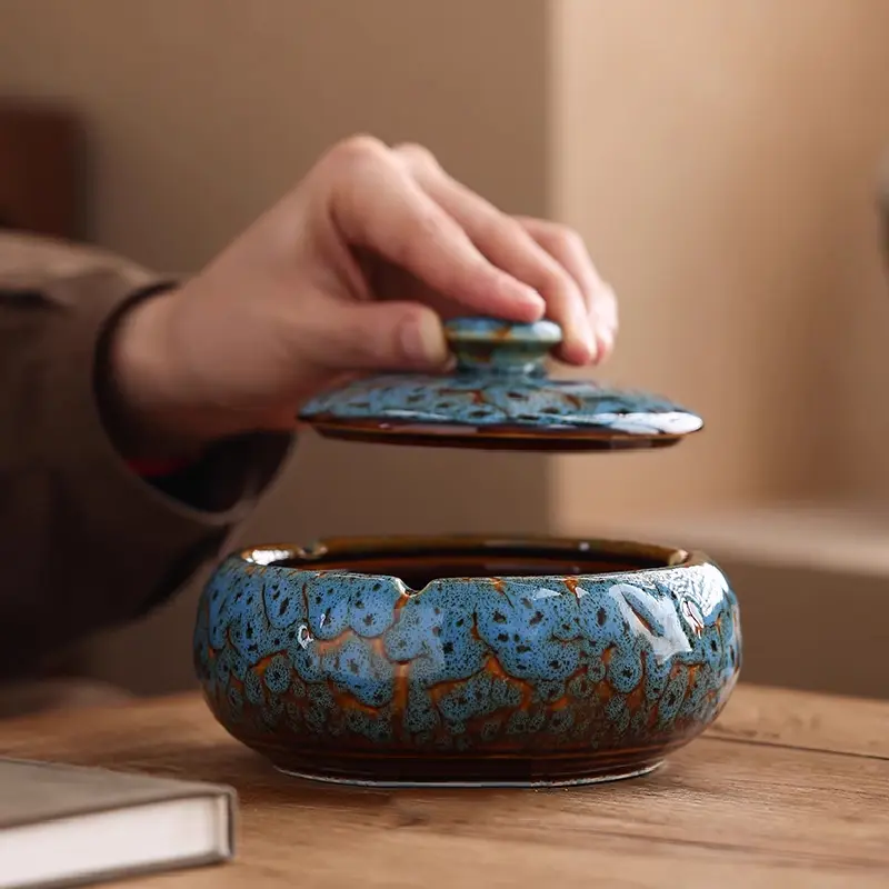 Round Ceramic Ashtray Kiln Ash Storage Box Desktop Decorative Ornaments Covered Ceramic Ashtray Modern Decorative Home Ashtray