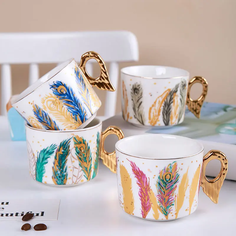 European-style Ceramic Feather Coffee Cup Set Afternoon Tea Set Latte Flower Mug Dish Home Mug Set Home Decorative Drinkware