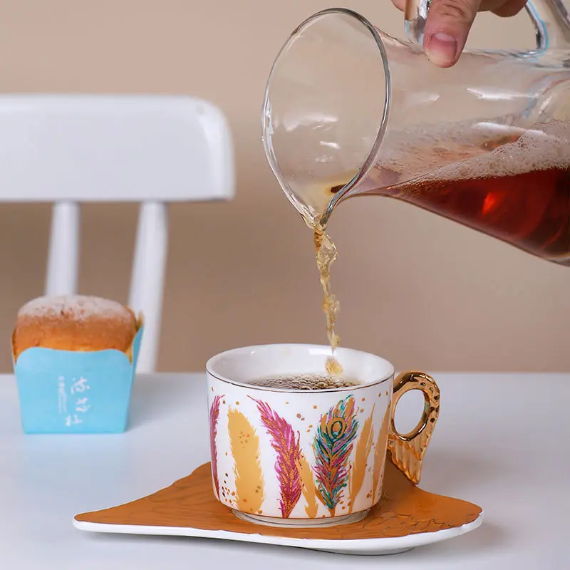 European-style Ceramic Feather Coffee Cup Set Afternoon Tea Set Latte Flower Mug Dish Home Mug Set Home Decorative Drinkware