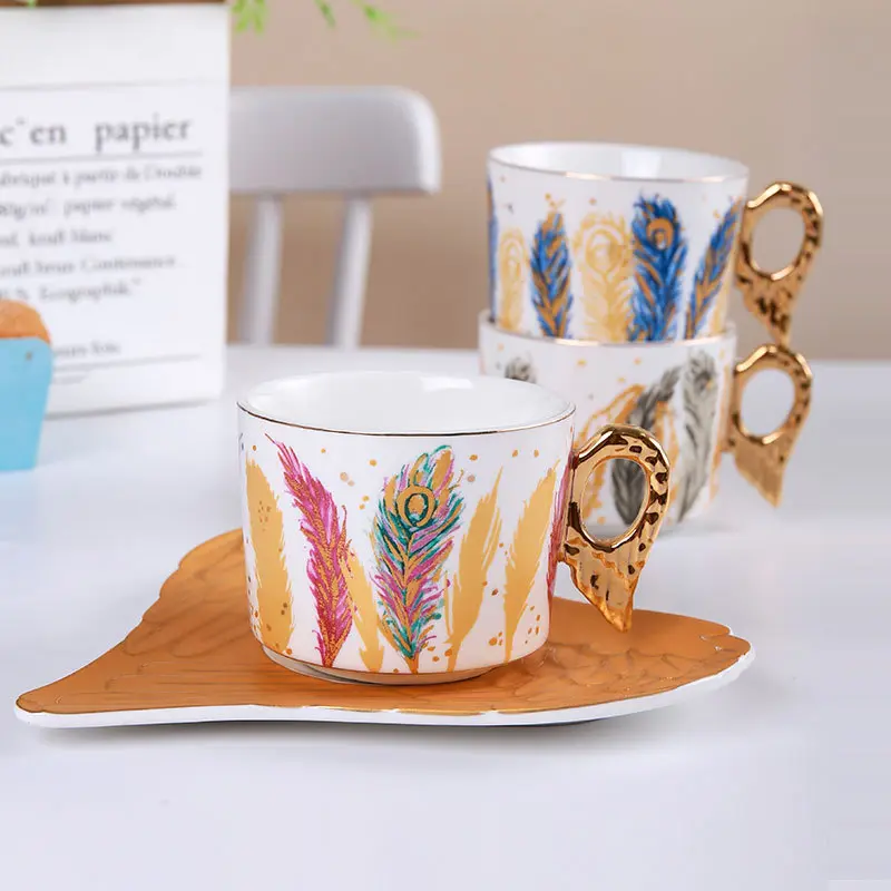 European-style Ceramic Feather Coffee Cup Set Afternoon Tea Set Latte Flower Mug Dish Home Mug Set Home Decorative Drinkware