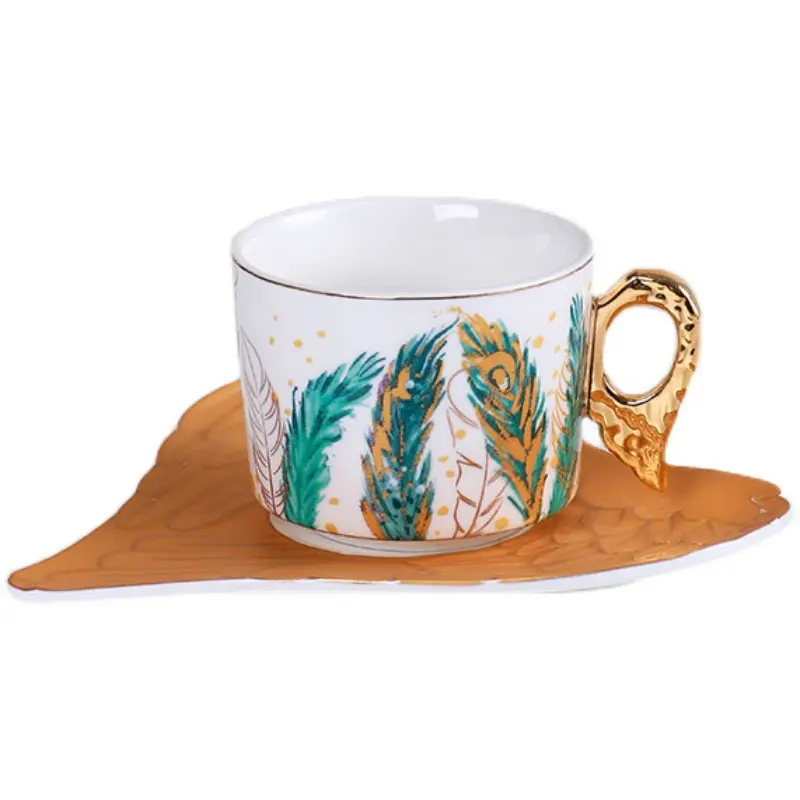 European-style Ceramic Feather Coffee Cup Set Afternoon Tea Set Latte Flower Mug Dish Home Mug Set Home Decorative Drinkware