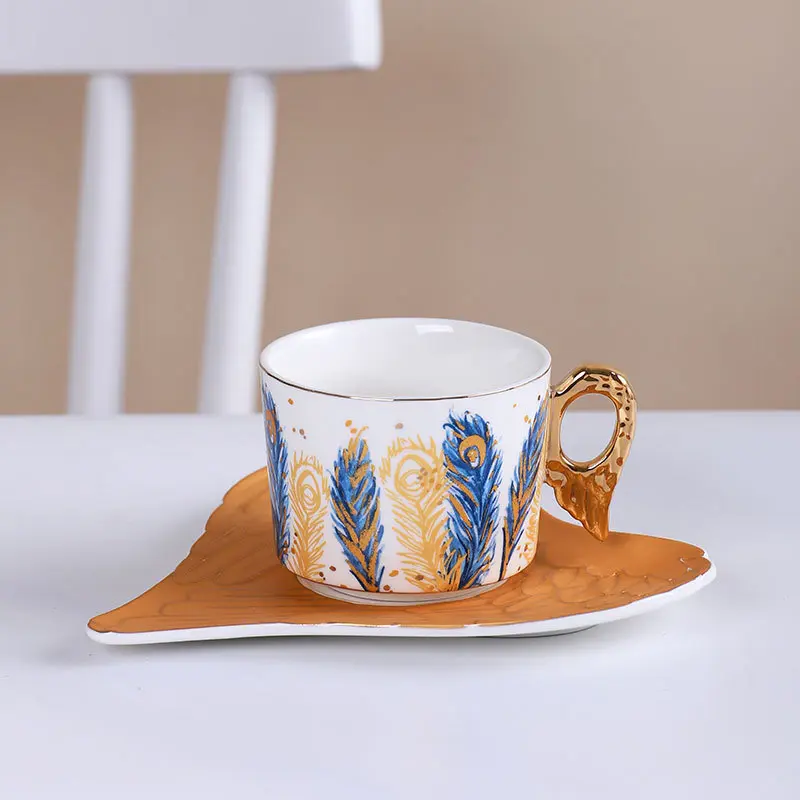 European-style Ceramic Feather Coffee Cup Set Afternoon Tea Set Latte Flower Mug Dish Home Mug Set Home Decorative Drinkware