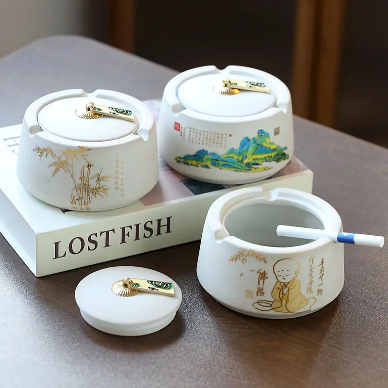 White Ceramic Ashtray with Lid Ashtray Gold Watermark Pattern Anti-fly Ash Home Living Room Ceramic Ashtray Ornaments Gifts