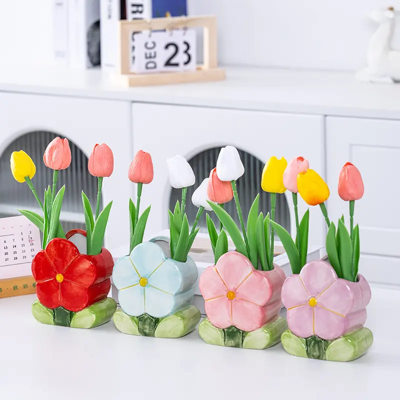 Flower-shaped Ceramic Flower Arrangement Creative Art Vase Living Room Flower Arrangement Dining Table Porch Decorations Vases