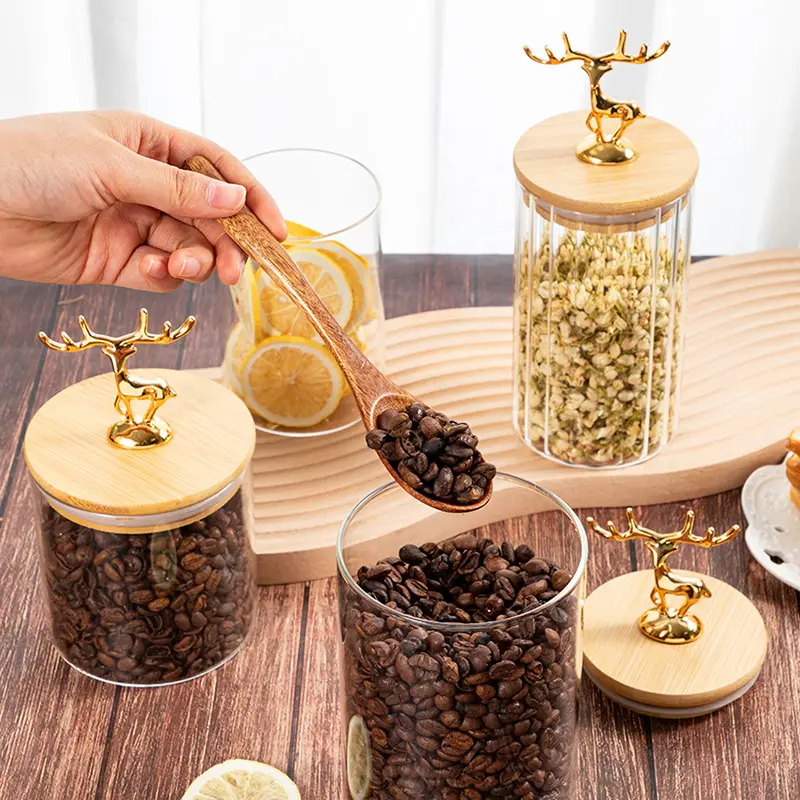 Nordic Golden Elk Storage Jar with Lid Cylindrical Sealed Glass Container Kitchen Storage Supplies Food Storage Containers 500ML