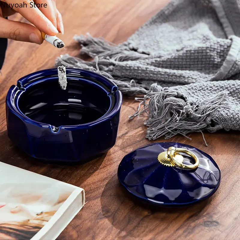 Diamond Pattern Ceramic Ashtray Anti-fly Ash Storage Box with Lid Creative Office Household Ashtray Home Decoration Accessories