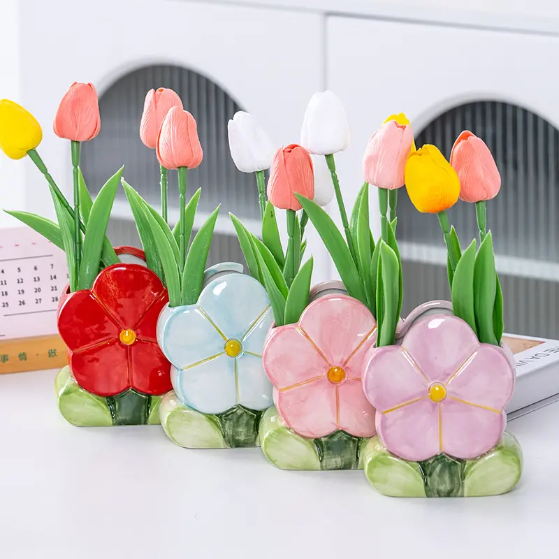 Flower-shaped Ceramic Flower Arrangement Creative Art Vase Living Room Flower Arrangement Dining Table Porch Decorations Vases