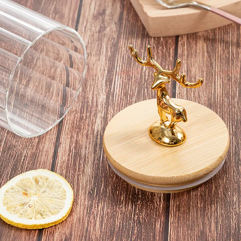 Nordic Golden Elk Storage Jar with Lid Cylindrical Sealed Glass Container Kitchen Storage Supplies Food Storage Containers 500ML