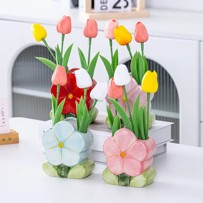 Flower-shaped Ceramic Flower Arrangement Creative Art Vase Living Room Flower Arrangement Dining Table Porch Decorations Vases
