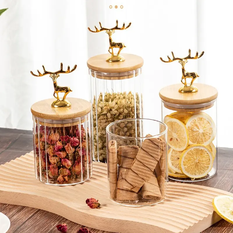 Nordic Golden Elk Storage Jar with Lid Cylindrical Sealed Glass Container Kitchen Storage Supplies Food Storage Containers 500ML