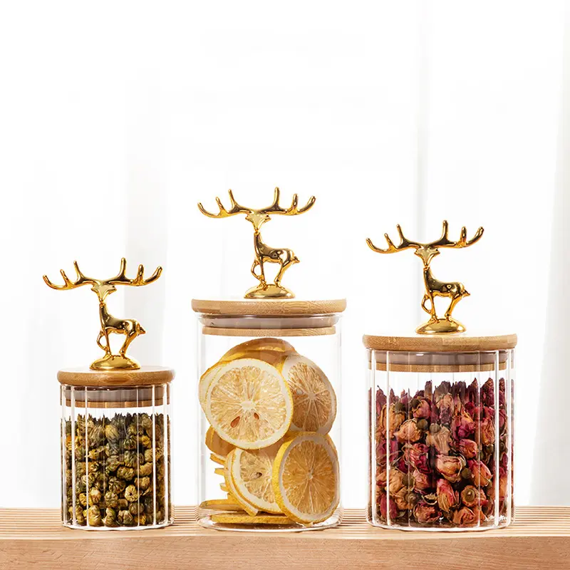 Nordic Golden Elk Storage Jar with Lid Cylindrical Sealed Glass Container Kitchen Storage Supplies Food Storage Containers 500ML
