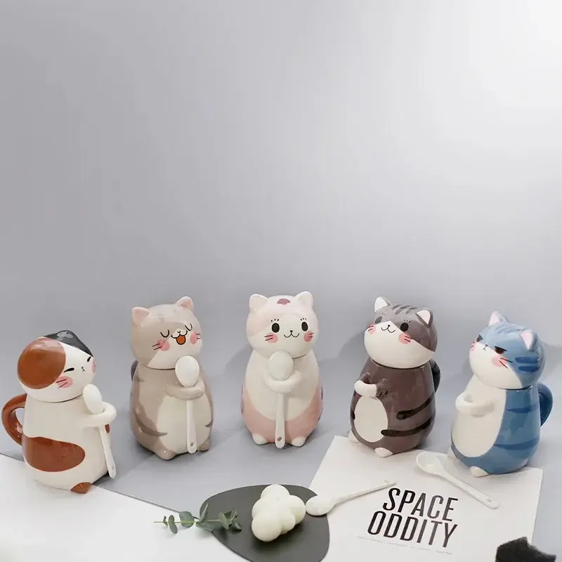 275ML Cute Cat Ceramic Coffee Cup with Spoon Ceramic Mug with Lid Drink Milk Tea Cup Home Decoration Couple Birthday Gift New