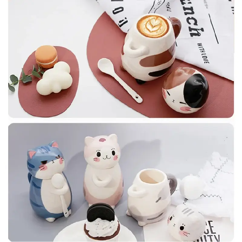 275ML Cute Cat Ceramic Coffee Cup with Spoon Ceramic Mug with Lid Drink Milk Tea Cup Home Decoration Couple Birthday Gift New