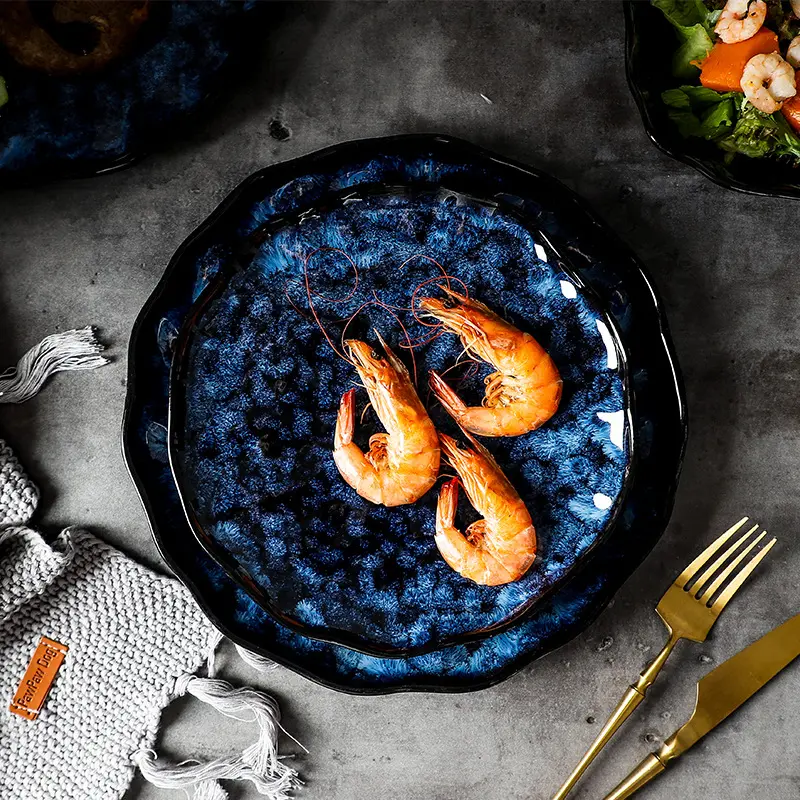 Japanese Main Course Plate Creative Blue Kiln Glaze Tableware Set Salad Bowl Restaurant Home Pasta Plate Hotel Ceramic Tableware