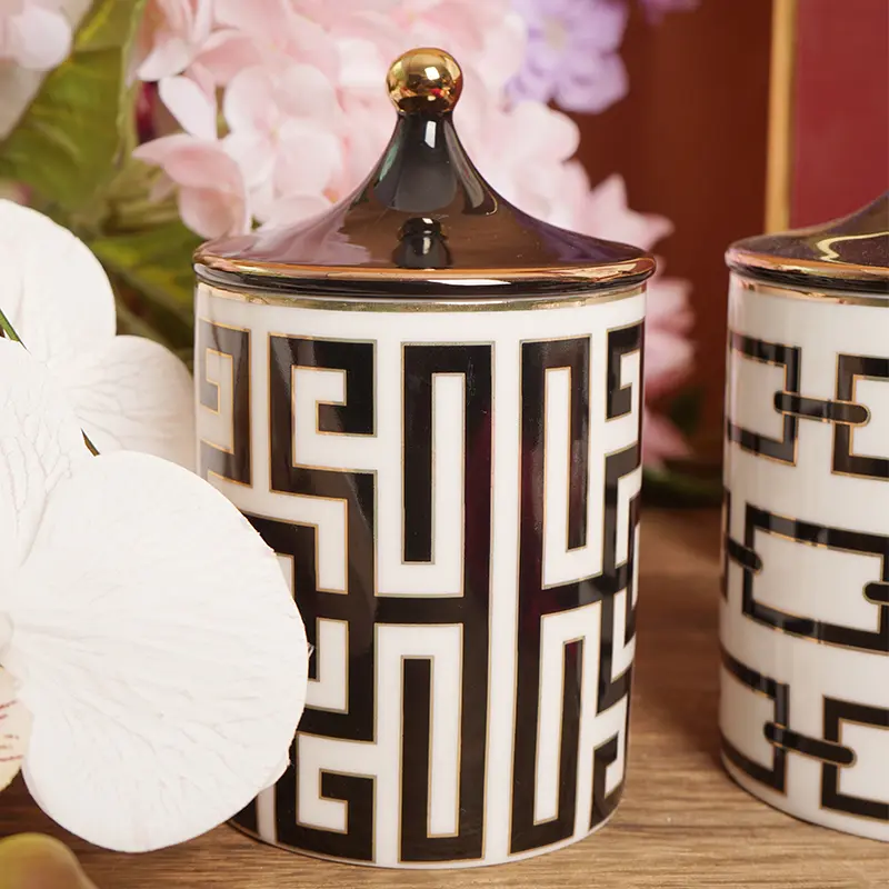 Geometric Scented Candle Jar Art Labyrinth Stripe Ceramic Storage Jar Biscuit Candy Storage Bottle Food Container Home Decor