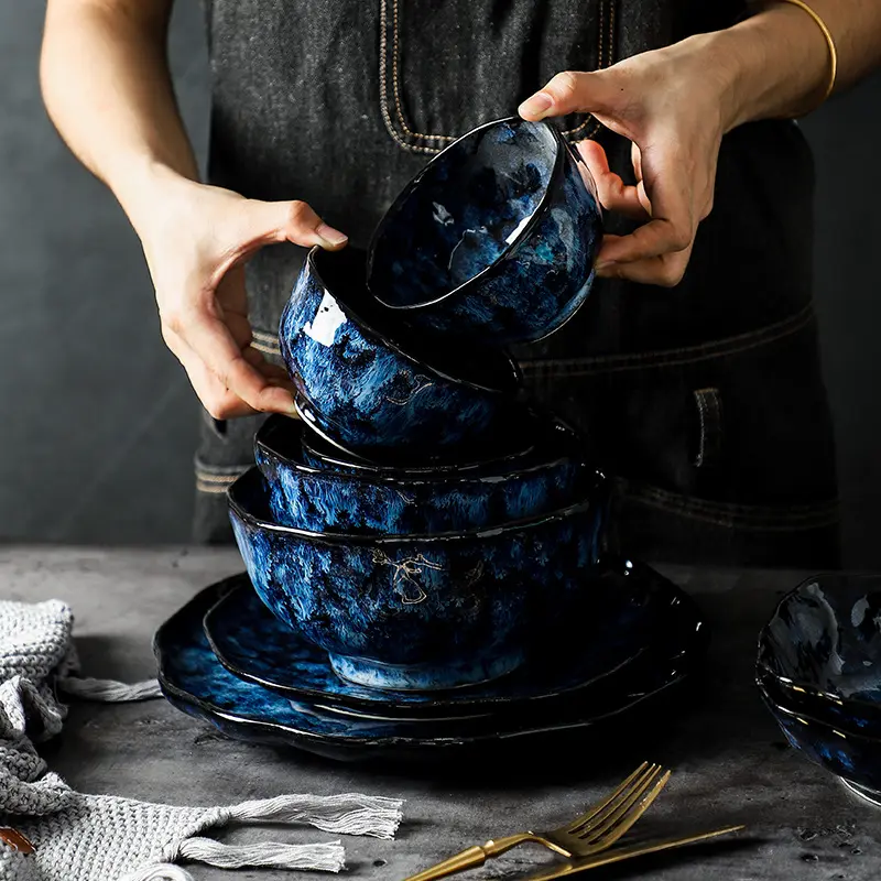 Japanese Main Course Plate Creative Blue Kiln Glaze Tableware Set Salad Bowl Restaurant Home Pasta Plate Hotel Ceramic Tableware