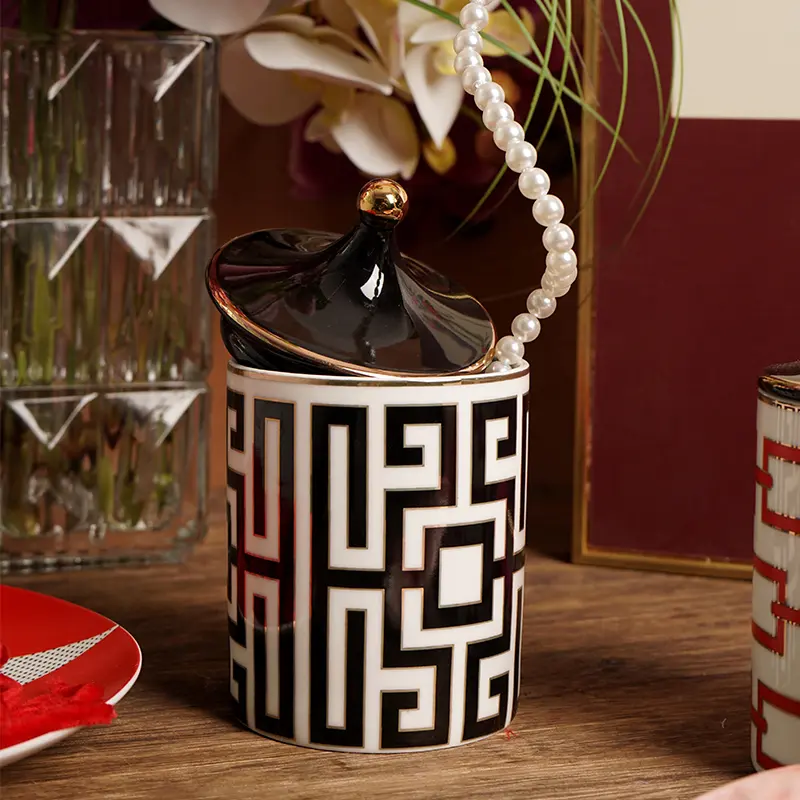Geometric Scented Candle Jar Art Labyrinth Stripe Ceramic Storage Jar Biscuit Candy Storage Bottle Food Container Home Decor