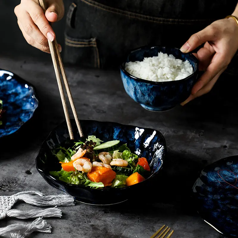 Japanese Main Course Plate Creative Blue Kiln Glaze Tableware Set Salad Bowl Restaurant Home Pasta Plate Hotel Ceramic Tableware