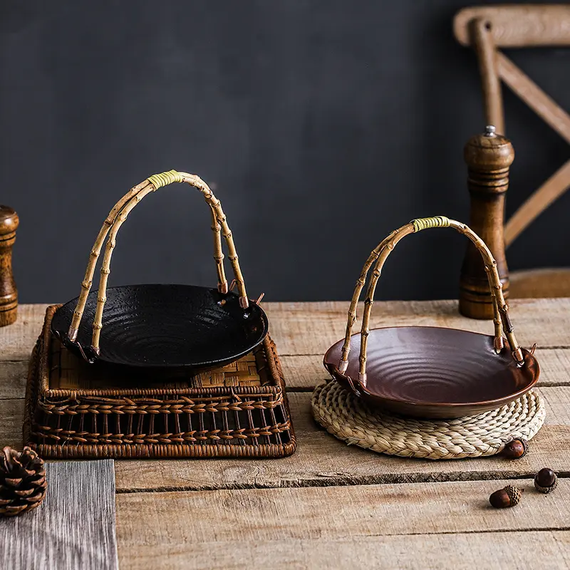Creative Ceramic Dish Portable Basket Hotel Special Dish Restaurant Ceramic Dish Table Decoration Round Tray Creative Tableware