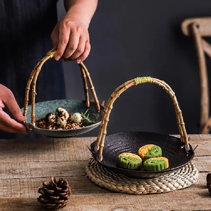 Creative Ceramic Dish Portable Basket Hotel Special Dish Restaurant Ceramic Dish Table Decoration Round Tray Creative Tableware