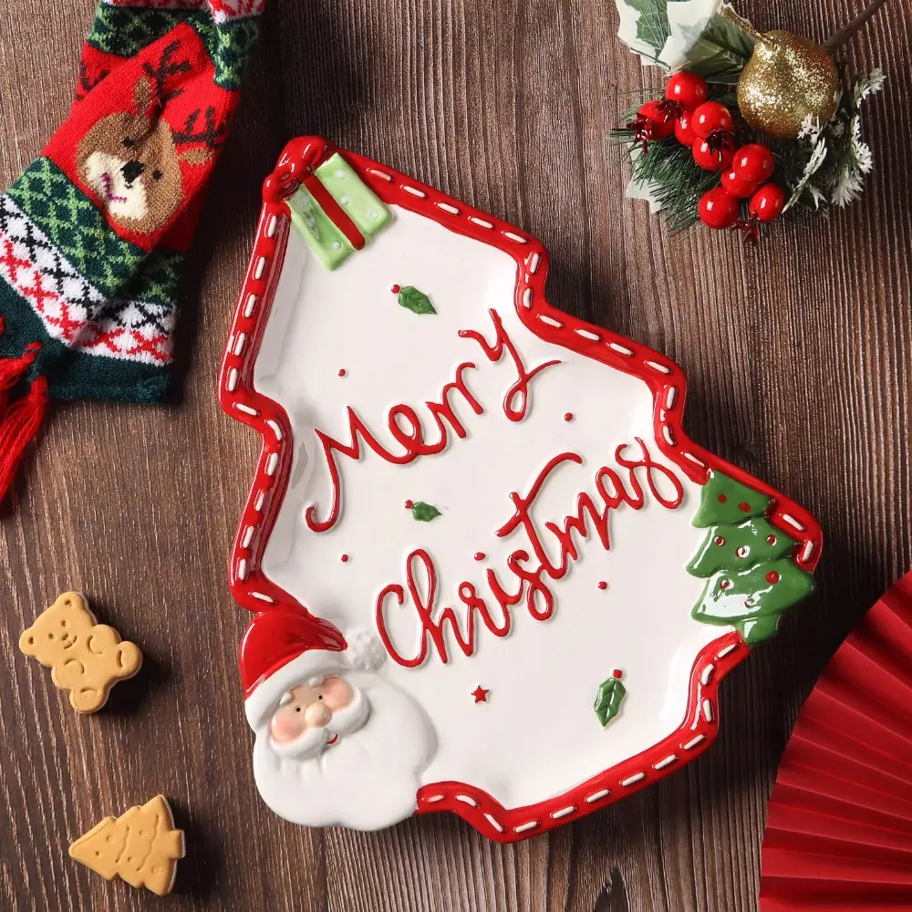 Three-dimensional Santa Claus Pine Shaped Ceramic Plate Breakfast Plate Dessert Plate Christmas Tableware Creative Display Tray