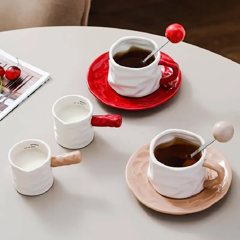Pleated Ceramic Mugs and Saucers Home Office Afternoon Tea Tea Set Latte Milk Flower Cups Ceramic Coffee Mugs Advanced Gift Mugs