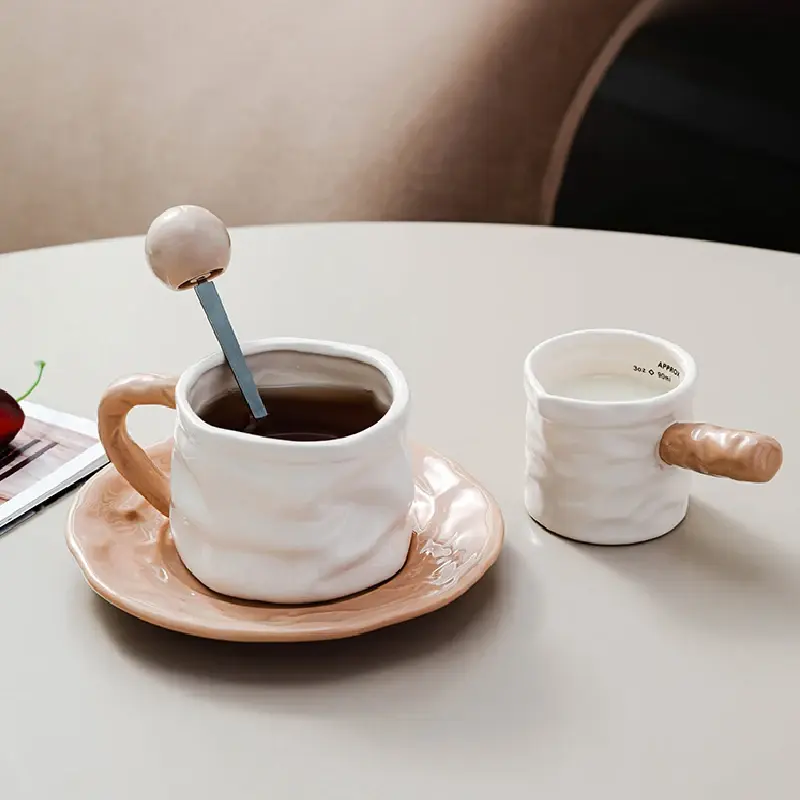 Pleated Ceramic Mugs and Saucers Home Office Afternoon Tea Tea Set Latte Milk Flower Cups Ceramic Coffee Mugs Advanced Gift Mugs