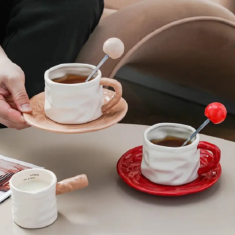Pleated Ceramic Mugs and Saucers Home Office Afternoon Tea Tea Set Latte Milk Flower Cups Ceramic Coffee Mugs Advanced Gift Mugs