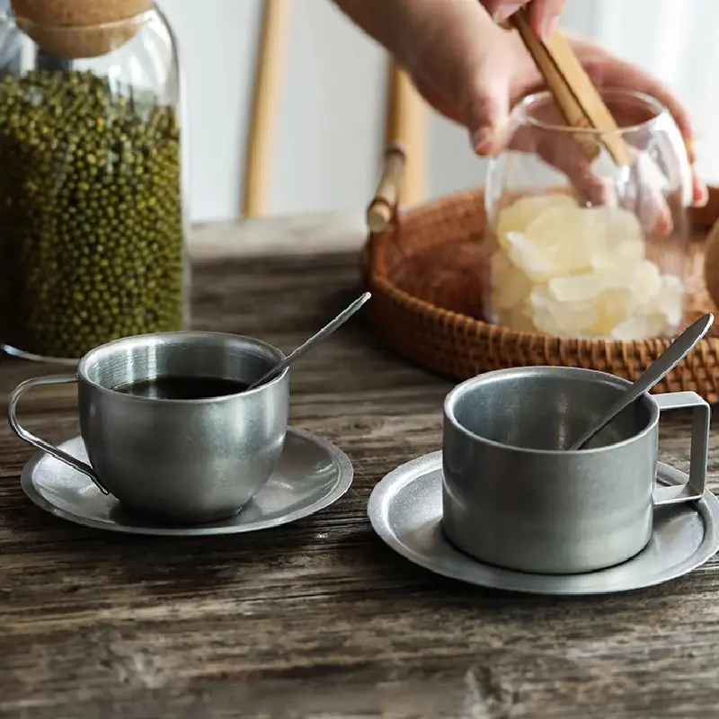 Retro Frosted Stainless Steel Coffee Cup Japanese Industrial Style 304 Stainless Steel Teacups and Saucers Household Tableware