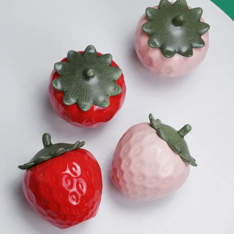 Simulation of Ceramic Strawberry Tea Jar with Lid Storage Jar Moisture-proof Jar Sealed Pot Living Room Coffee Table Decoration