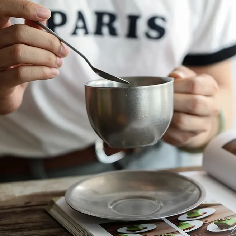 Retro Frosted Stainless Steel Coffee Cup Japanese Industrial Style 304 Stainless Steel Teacups and Saucers Household Tableware