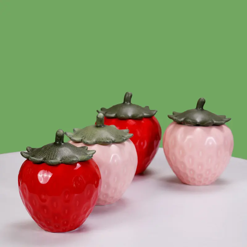 Simulation of Ceramic Strawberry Tea Jar with Lid Storage Jar Moisture-proof Jar Sealed Pot Living Room Coffee Table Decoration