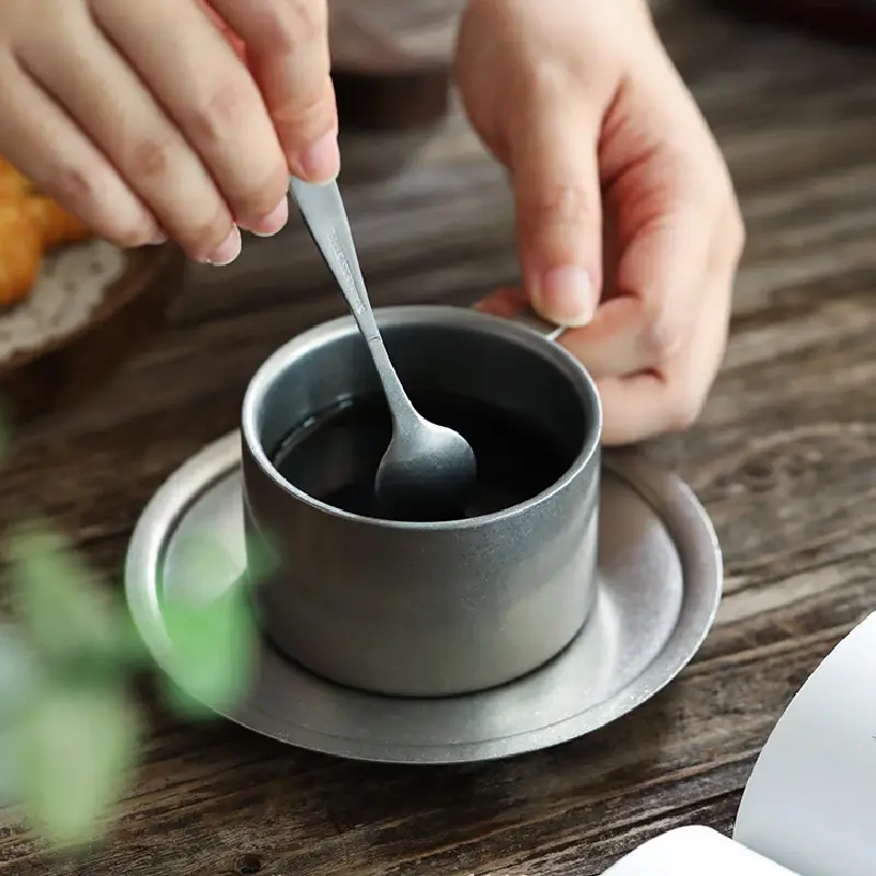Retro Frosted Stainless Steel Coffee Cup Japanese Industrial Style 304 Stainless Steel Teacups and Saucers Household Tableware