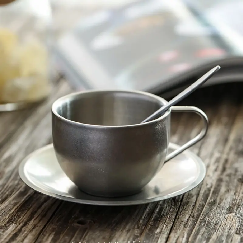 Retro Frosted Stainless Steel Coffee Cup Japanese Industrial Style 304 Stainless Steel Teacups and Saucers Household Tableware