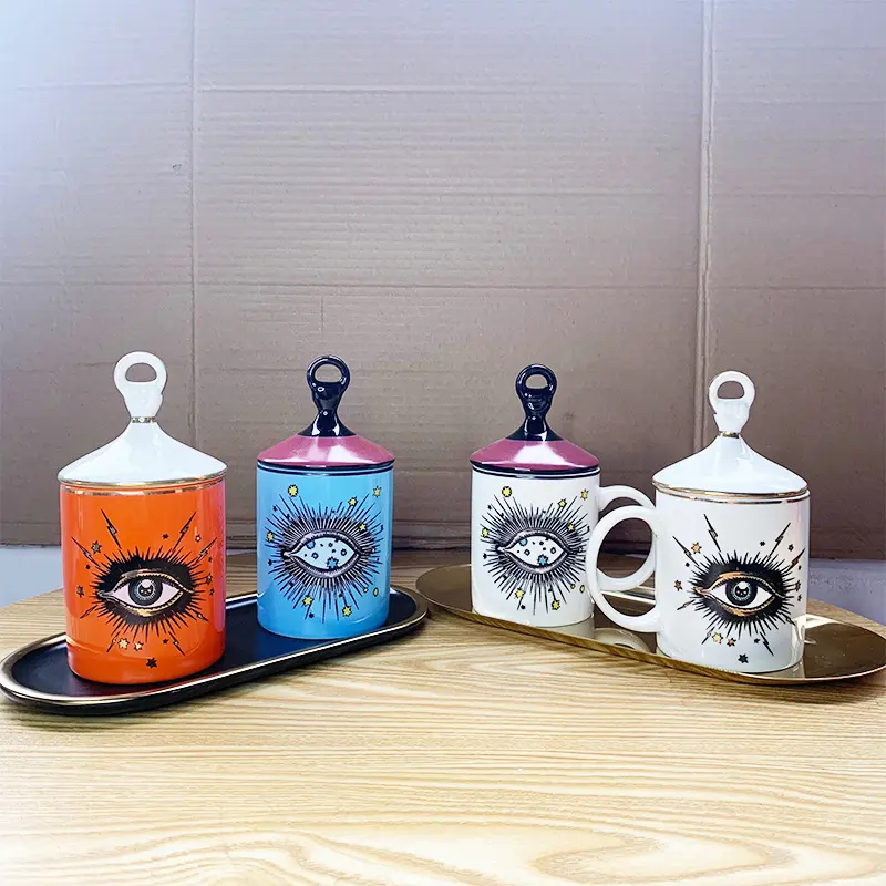 Abstract Eye Ceramic Cup Creative Abstract Coffee Cup with Lid Tableware Aromatherapy Candle Cup Candy Bottle Home Decoration