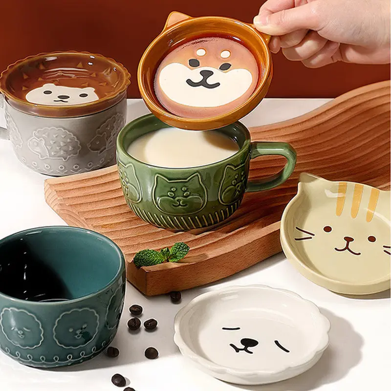 European Animal Ceramic Coffee Cup with Lid Cartoon Mug Couple Coffee Cup Breakfast Milk Cup Gift Home Ceramic Drinking Cup