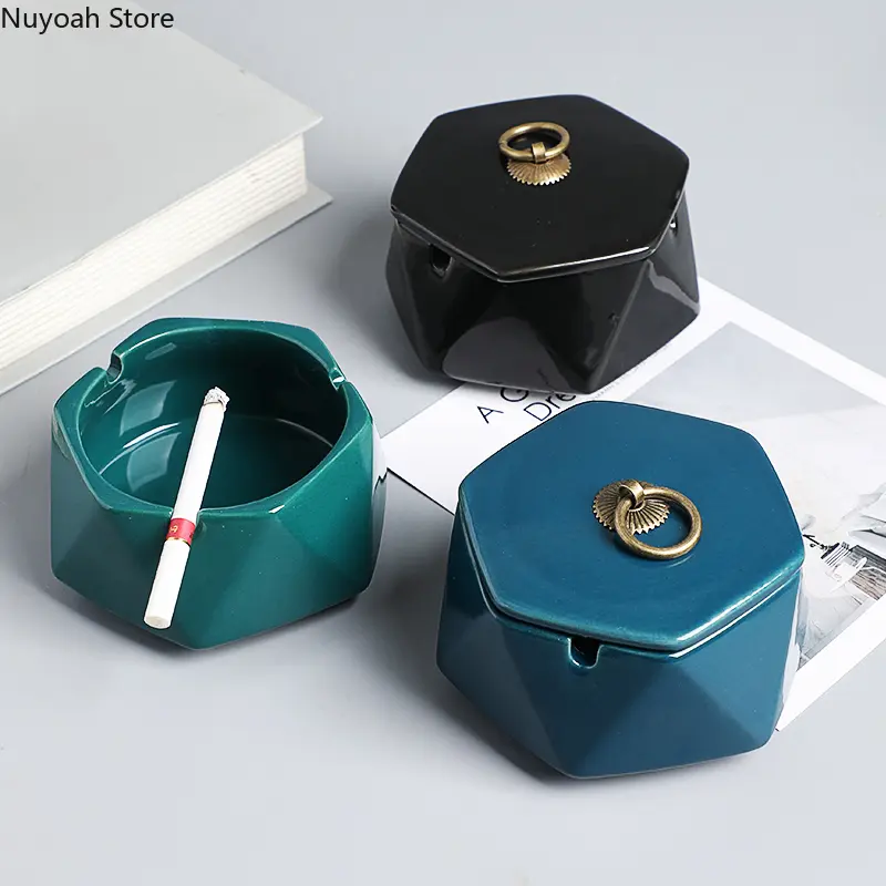 Creative Ceramic Ashtray Diamond Shaped Copper Buckle Storage Box with Lid Living Room Anti Fly Ash Home Decoration Accessories