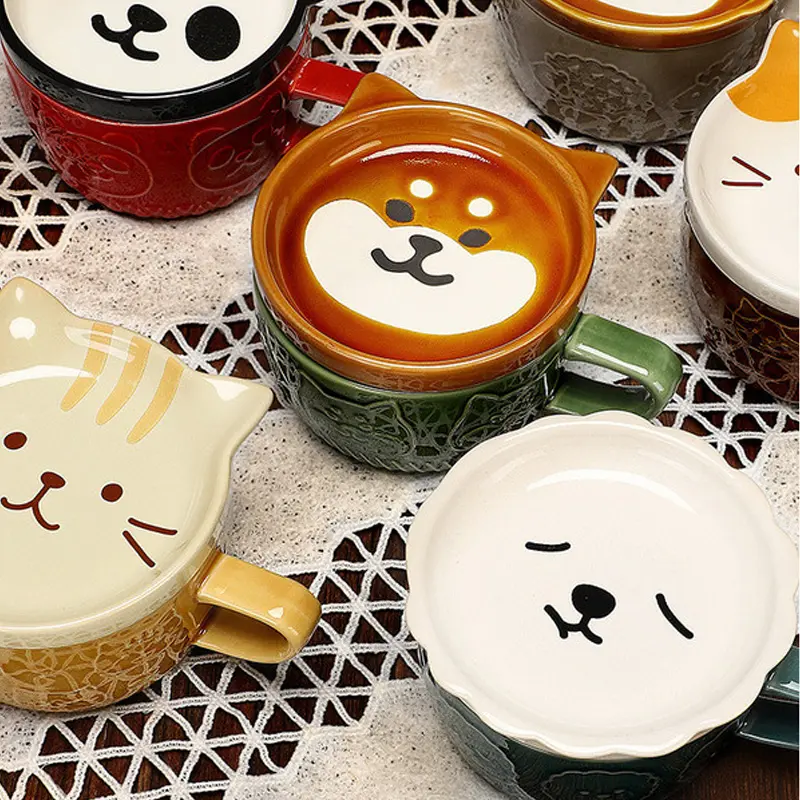 European Animal Ceramic Coffee Cup with Lid Cartoon Mug Couple Coffee Cup Breakfast Milk Cup Gift Home Ceramic Drinking Cup