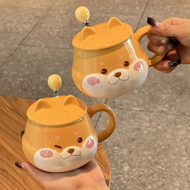 Cute Shiba Inu Coffee Mug Cartoon Animal Ceramic Milk Mug Creative Ceramic Mug with Lid and Spoon Kitchen Drinking Utensils