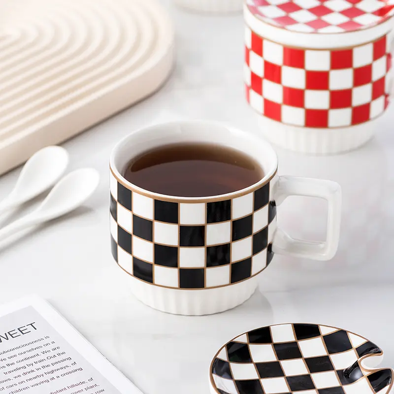 Retro Geometric Plaid Ceramic Coffee Mug Ceramic Cup Home Creative Personality Couple Coffee Mug Desktop Decorative Tableware