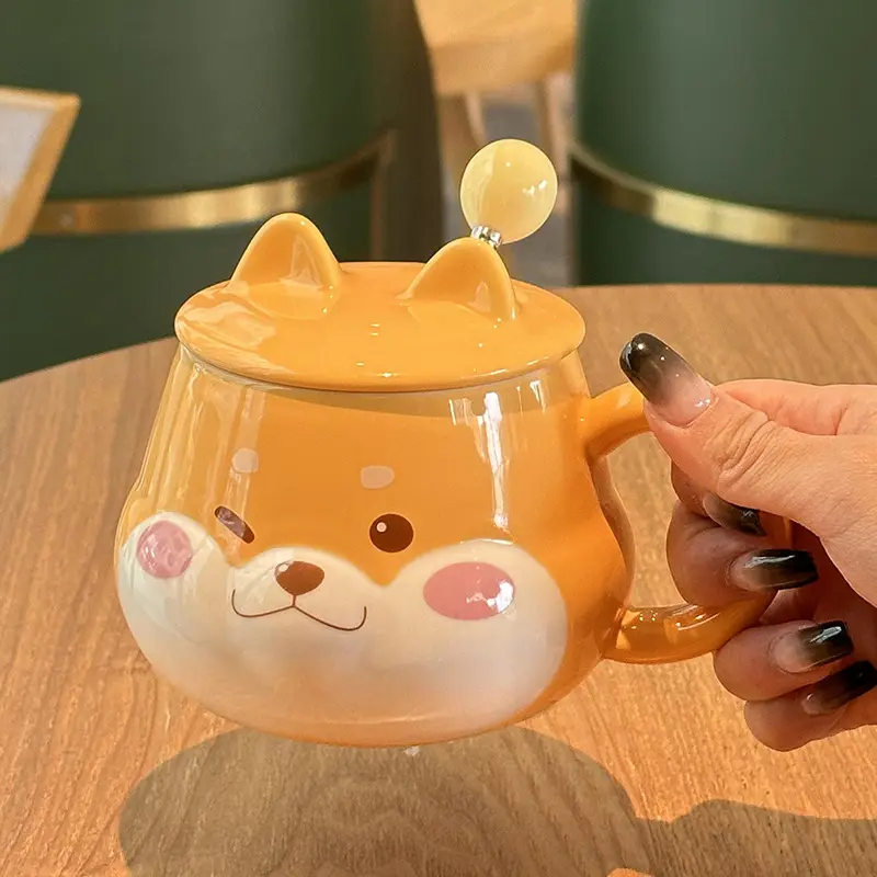 Cute Shiba Inu Coffee Mug Cartoon Animal Ceramic Milk Mug Creative Ceramic Mug with Lid and Spoon Kitchen Drinking Utensils