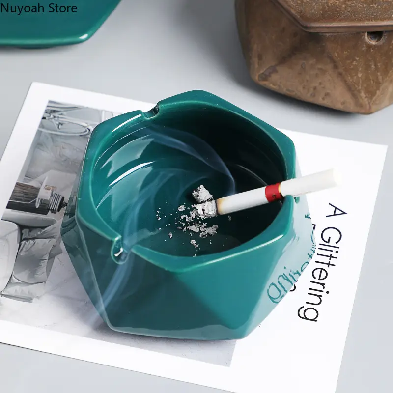 Creative Ceramic Ashtray Diamond Shaped Copper Buckle Storage Box with Lid Living Room Anti Fly Ash Home Decoration Accessories