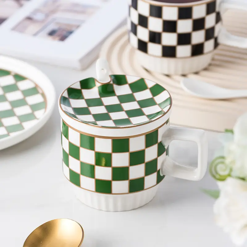 Retro Geometric Plaid Ceramic Coffee Mug Ceramic Cup Home Creative Personality Couple Coffee Mug Desktop Decorative Tableware