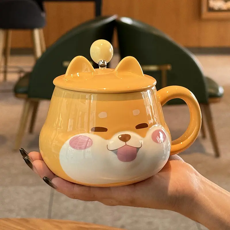 Cute Shiba Inu Coffee Mug Cartoon Animal Ceramic Milk Mug Creative Ceramic Mug with Lid and Spoon Kitchen Drinking Utensils
