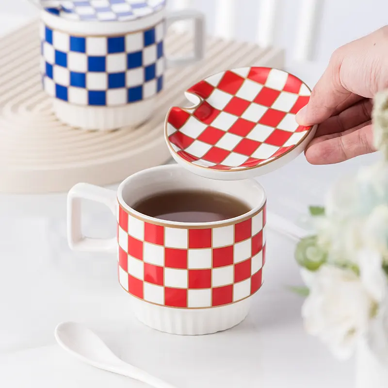 Retro Geometric Plaid Ceramic Coffee Mug Ceramic Cup Home Creative Personality Couple Coffee Mug Desktop Decorative Tableware