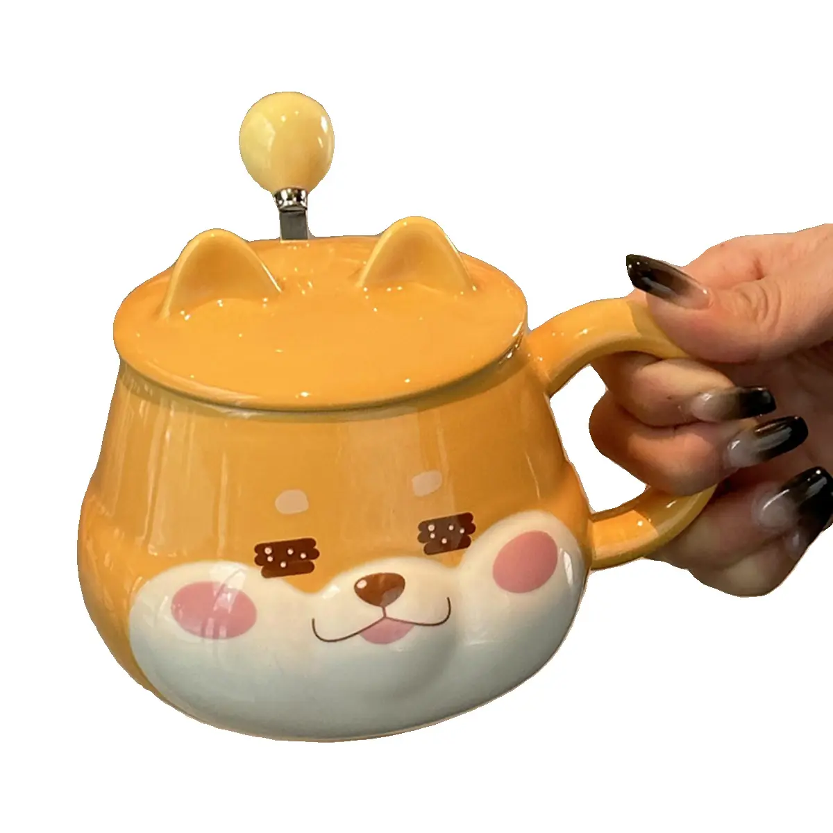 Cute Shiba Inu Coffee Mug Cartoon Animal Ceramic Milk Mug Creative Ceramic Mug with Lid and Spoon Kitchen Drinking Utensils